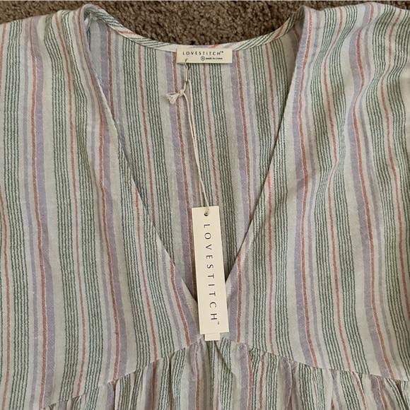 007.NWT Natural/Lilac/Green Stripe Babydoll V-Neck Dress - Picture 4 of 12
